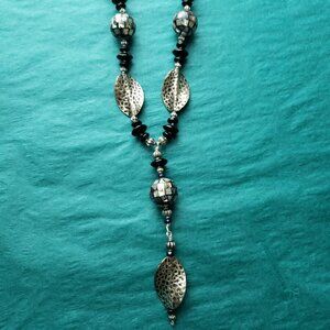 2/20$ Silver tone abalone beads and textures metal necklace